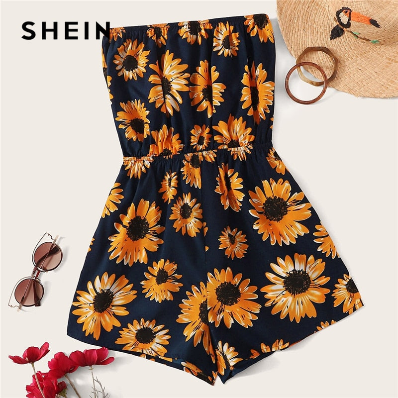 SHEIN Sunflower Print Tube Romper