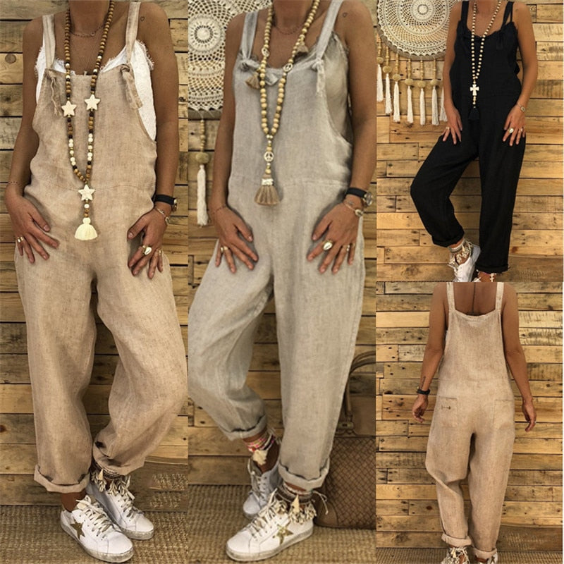 Women Sleeveless Cotton Linen Overalls Summer Elegant Jumpsuits