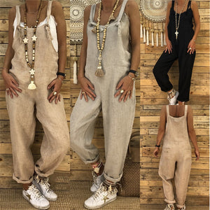 Women Sleeveless Cotton Linen Overalls Summer Elegant Jumpsuits