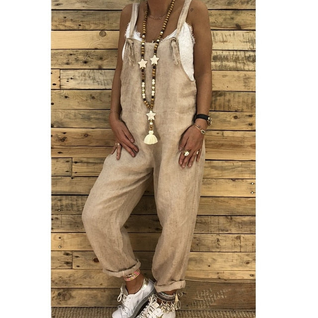 Women Sleeveless Cotton Linen Overalls Summer Elegant Jumpsuits