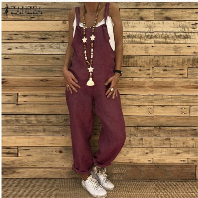 Women Sleeveless Cotton Linen Overalls Summer Elegant Jumpsuits